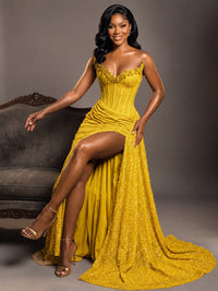 Luxury Strapless Sequin Corset Mermaid Prom Dress with High Slit & Train