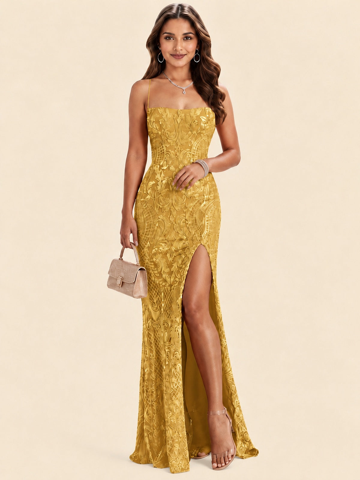 Sequin Lace Appliques Mermaid Prom Dress Spaghetti Strap Formal Gowns with Slit