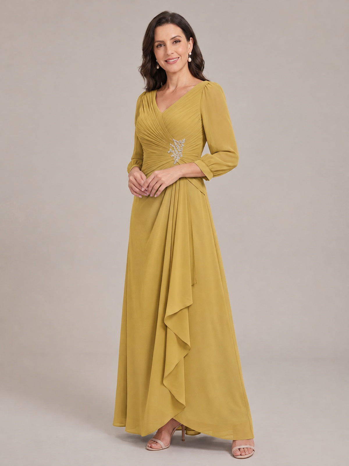 V-Neck Pleated Chiffon Mother of the Bride Dress with Flutter Sleeves