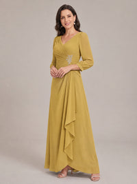 V-Neck Pleated Chiffon Mother of the Bride Dress with Flutter Sleeves