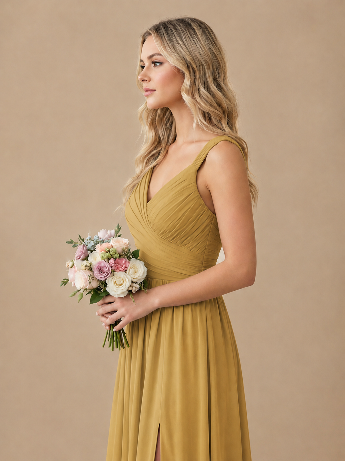 Pleated Chiffon V Neck Wedding Bridesmaid Dresses Floor Length with Slit