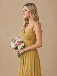 Pleated Chiffon V Neck Wedding Bridesmaid Dresses Floor Length with Slit