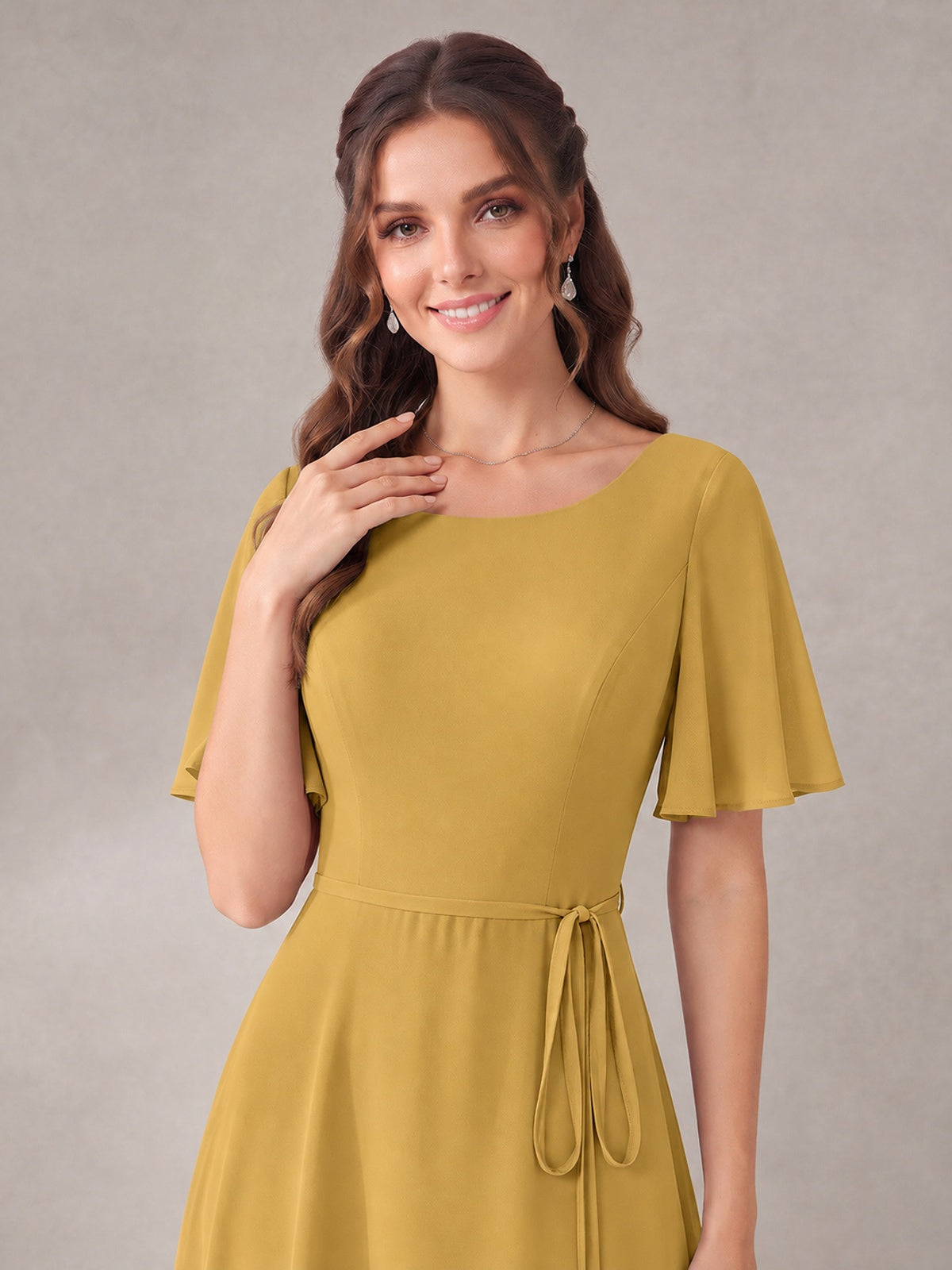Scoop Neck A-line Chiffon Bridesmaid Dress with Flutter Sleeve & Belt