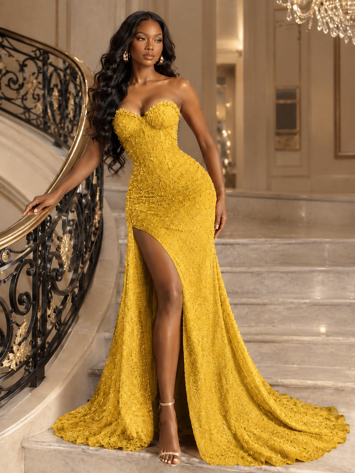 Beaded Sequin Prom Dress Strapless Formal Gowns with High Slit Train
