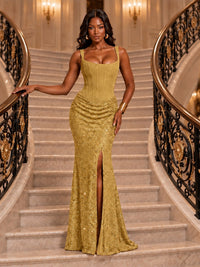 Sequin Corset Mermaid Prom Dress with Square Neck Wide Strap High Slit
