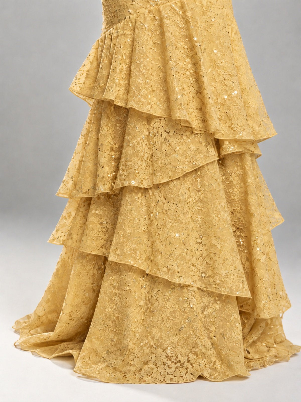 Halter Tiered Mermaid Prom Dress with Sparkly Lace