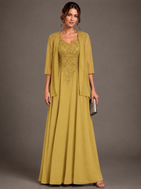 A-line 2 Pieces Chiffon Appliques Mother of The Bride Dresses with Jackets