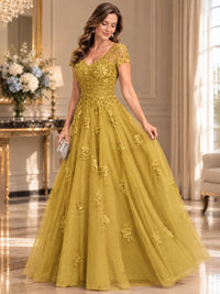 Lace Appliques A-line Mother of The Bride Dresses with Short Sleeves
