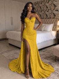 Beaded Sequin Prom Dress Strapless Formal Gowns with High Slit Train