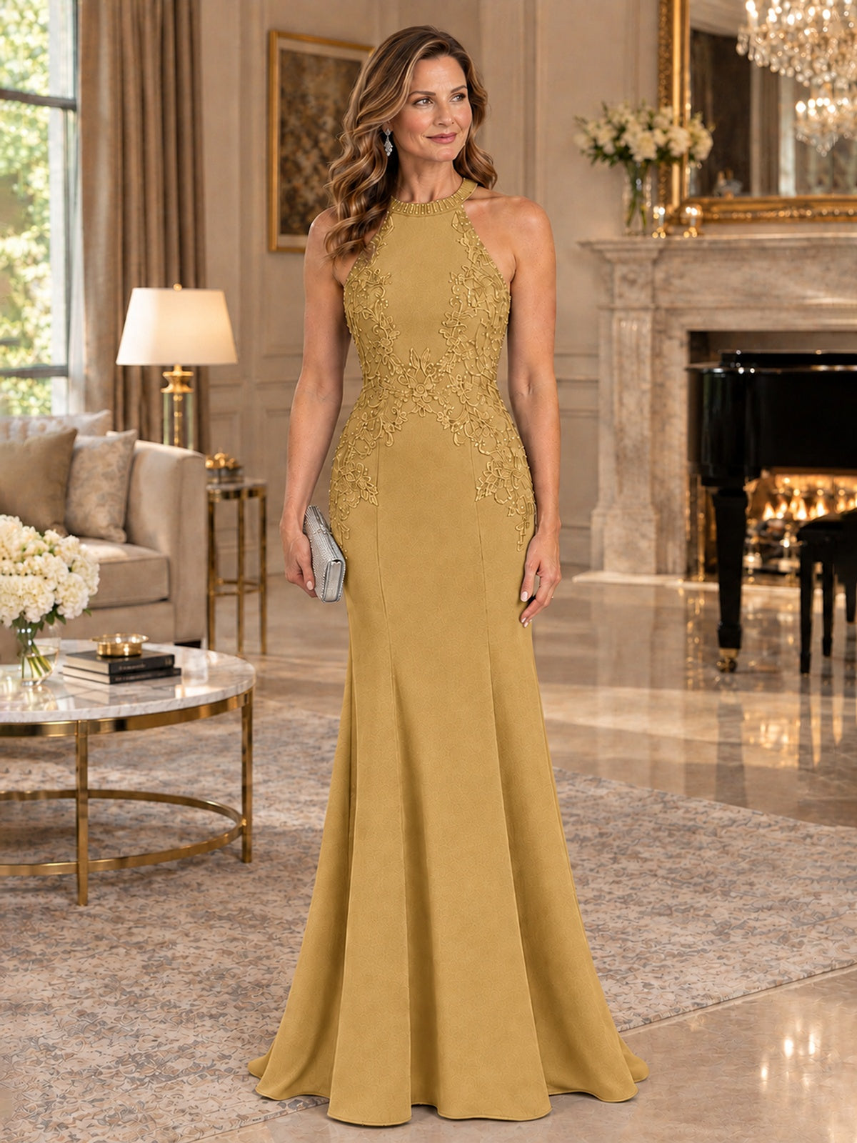 Halter Neckline Lace Appliques Mother of The Bride Dresses
