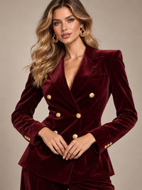 Gold button detail on burgundy velvet double-breasted blazer
