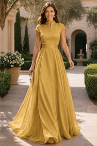 V Neck Cap Sleeve A-Line Floor-Length Satin Bridesmaid Dress