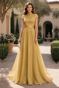 V Neck Cap Sleeve A-Line Floor-Length Satin Bridesmaid Dress