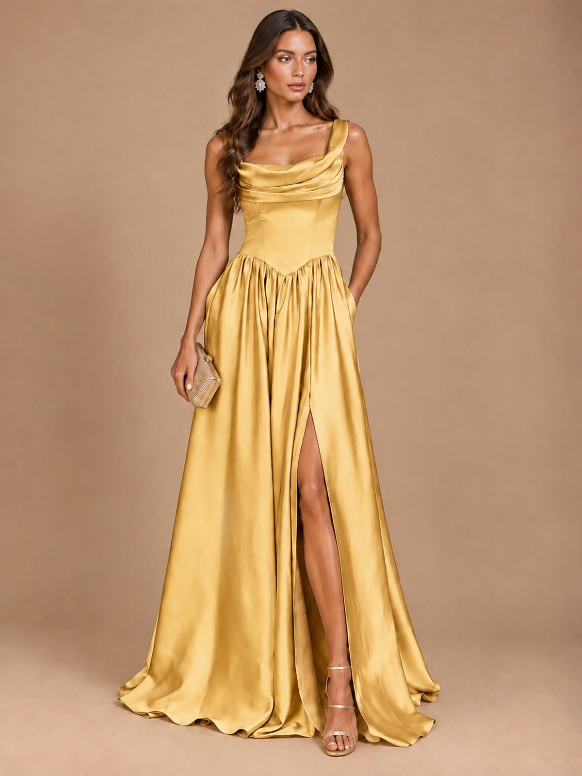Cowl Neck Pleated Satin Prom Dress with Pockets & Slit Maxi Formal Gowns