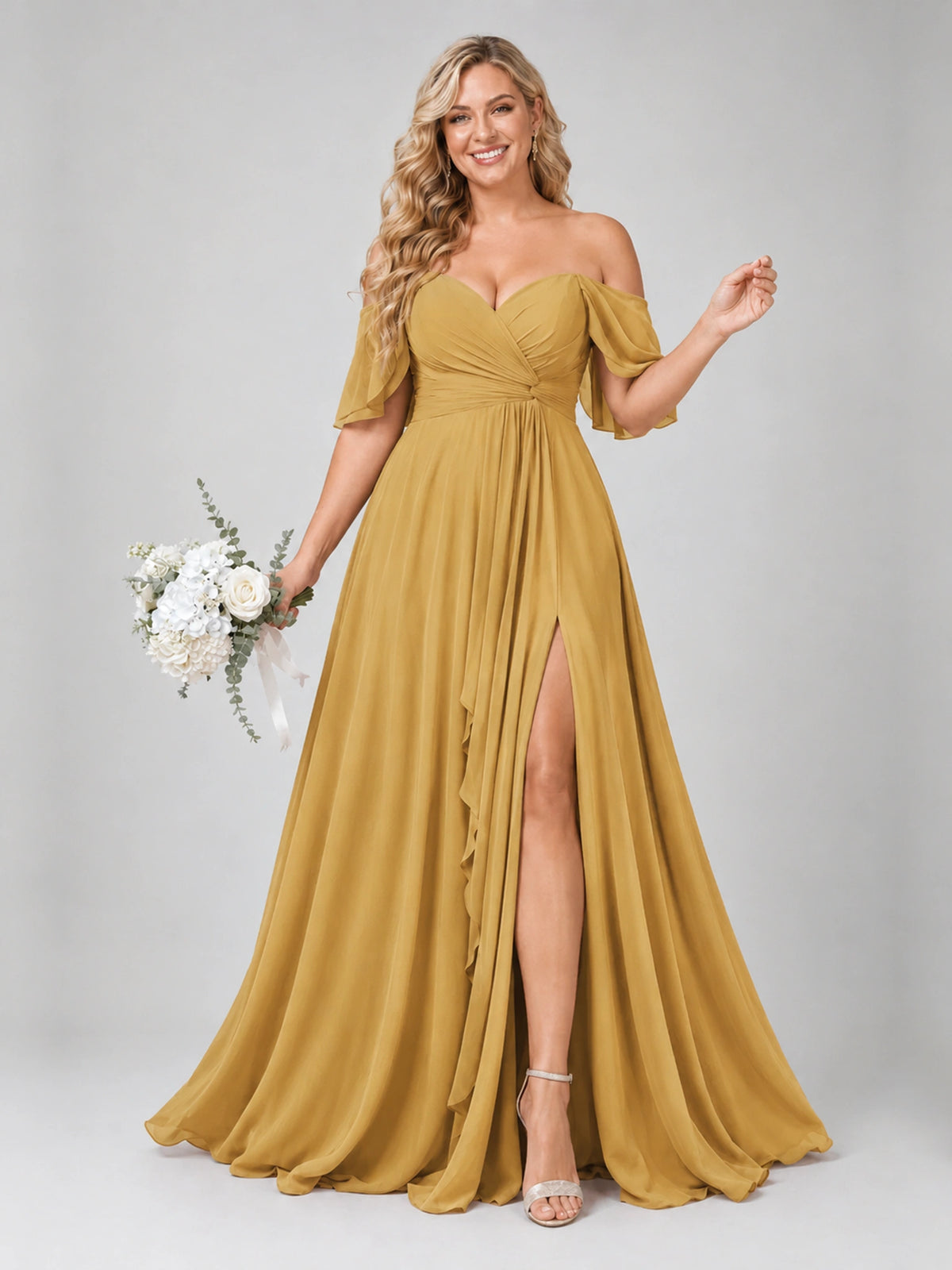 Off Shoulder Chiffon Bridesmaid Dress with Slit