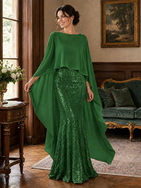 Sequin 2 Pieces Mother of the Bride Dress with Cap Sleeves Chiffon Formal Gowns