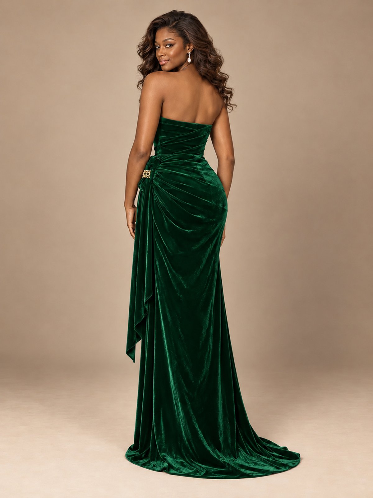 Burgundy Velvet Strapless Ruched Prom Dress with Jeweled Side Drape