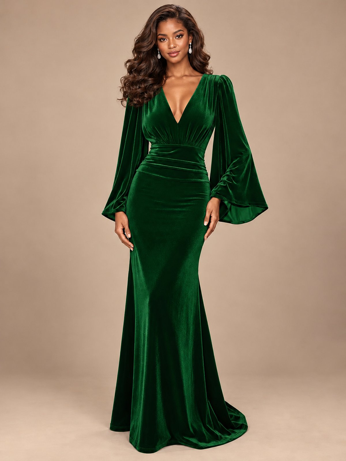 Burgundy Velvet Deep V-Neck Ruched Long Sleeve Maxi Dress