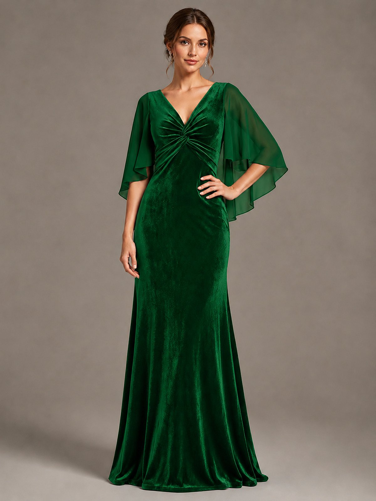 Navy Blue Velvet V Neck Mermaid Formal Dress with Flutter Cape Sleeves
