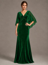 Navy Blue Velvet V Neck Mermaid Formal Dress with Flutter Cape Sleeves