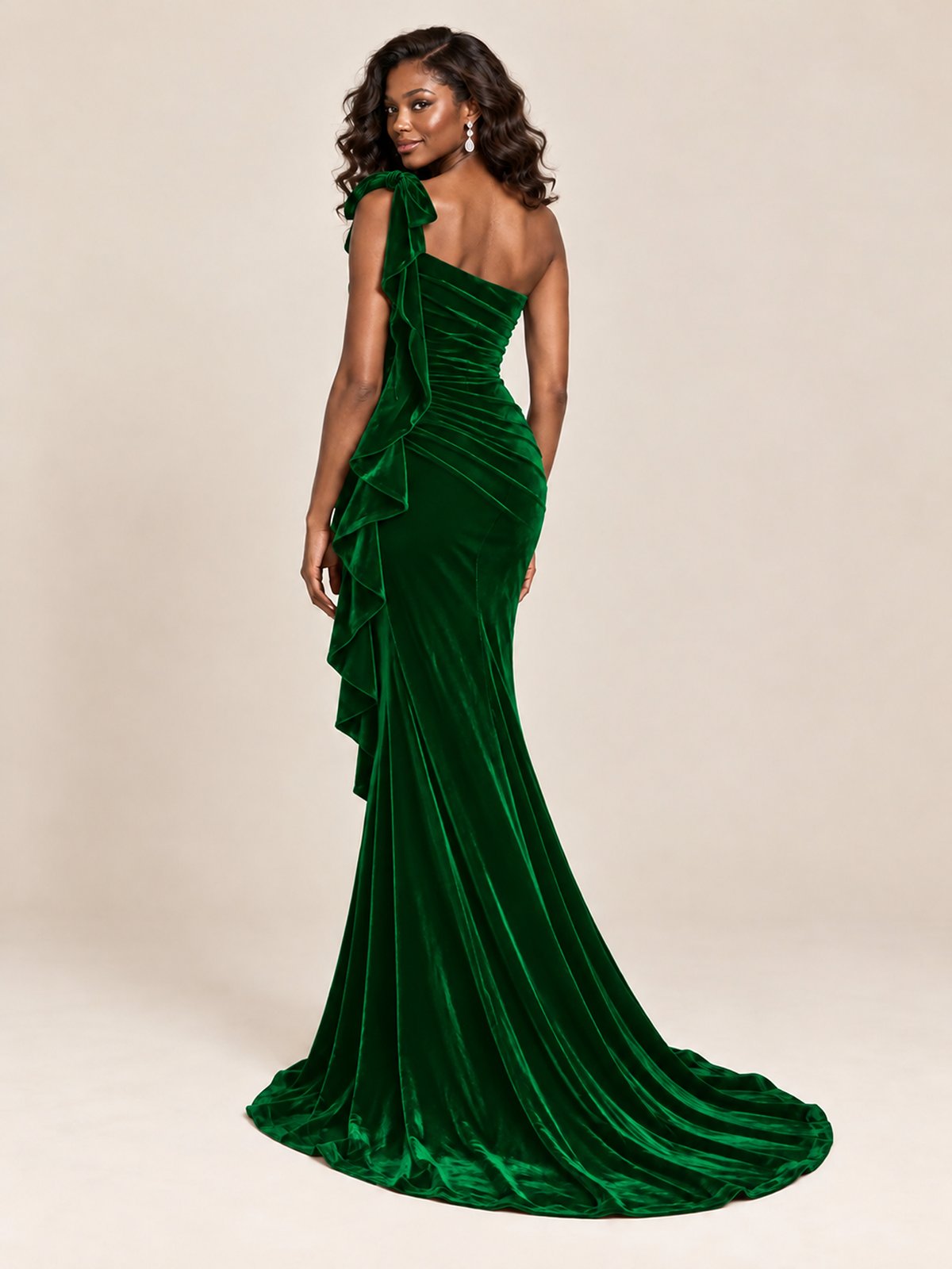 Black Velvet One-Shoulder Mermaid Evening Gown with Bow & Ruffles