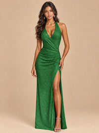 Halter V-Neck Sequin Mermaid Prom Dress with High Slit