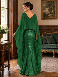 Sequin 2 Pieces Mother of the Bride Dress with Cap Sleeves Chiffon Formal Gowns