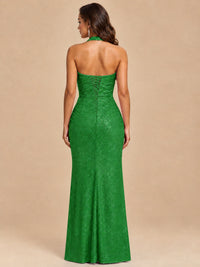 Halter V-Neck Sequin Mermaid Prom Dress with High Slit
