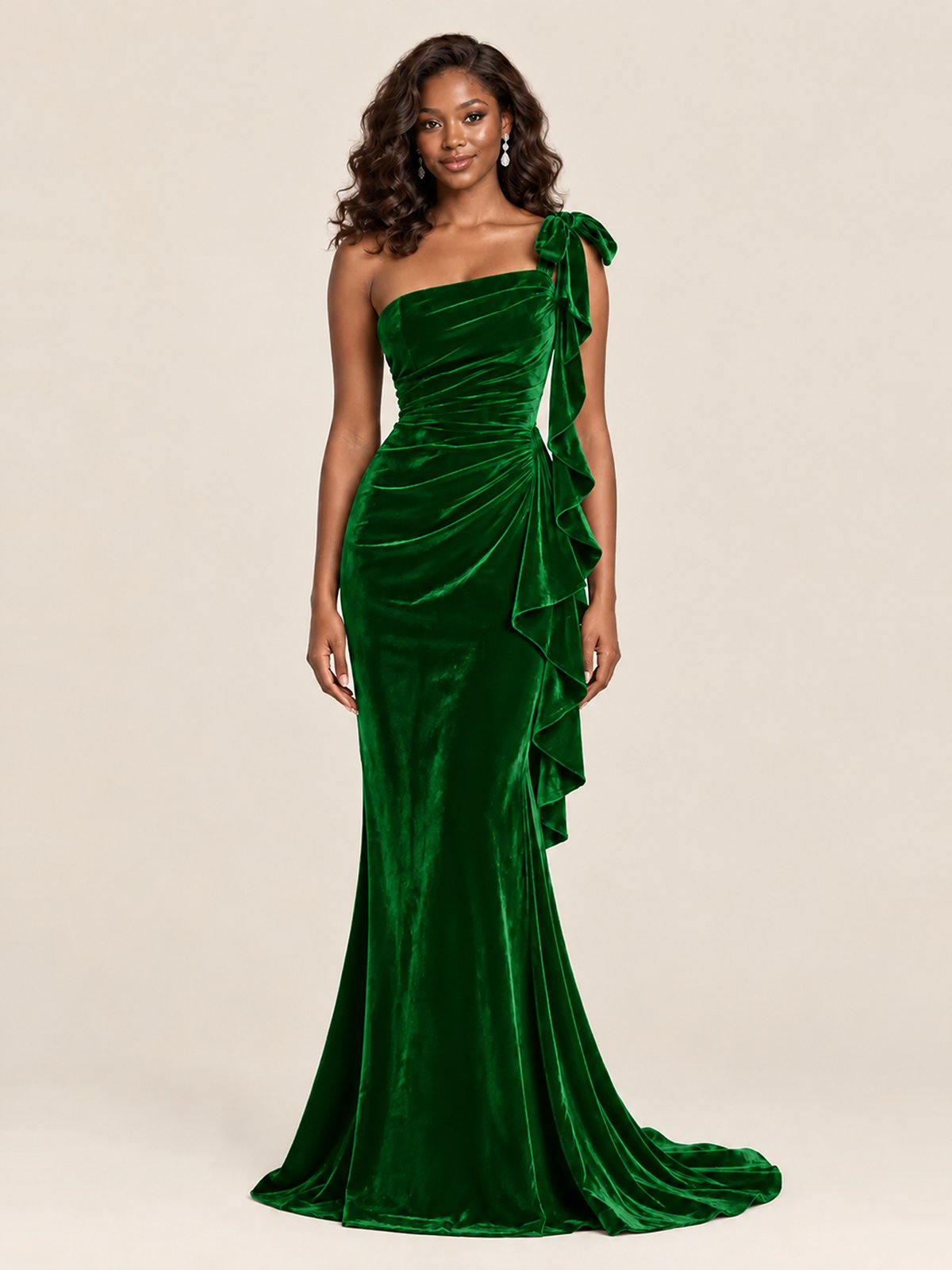 Black Velvet One-Shoulder Mermaid Evening Gown with Bow & Ruffles