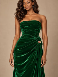 Burgundy Velvet Strapless Ruched Prom Dress with Jeweled Side Drape