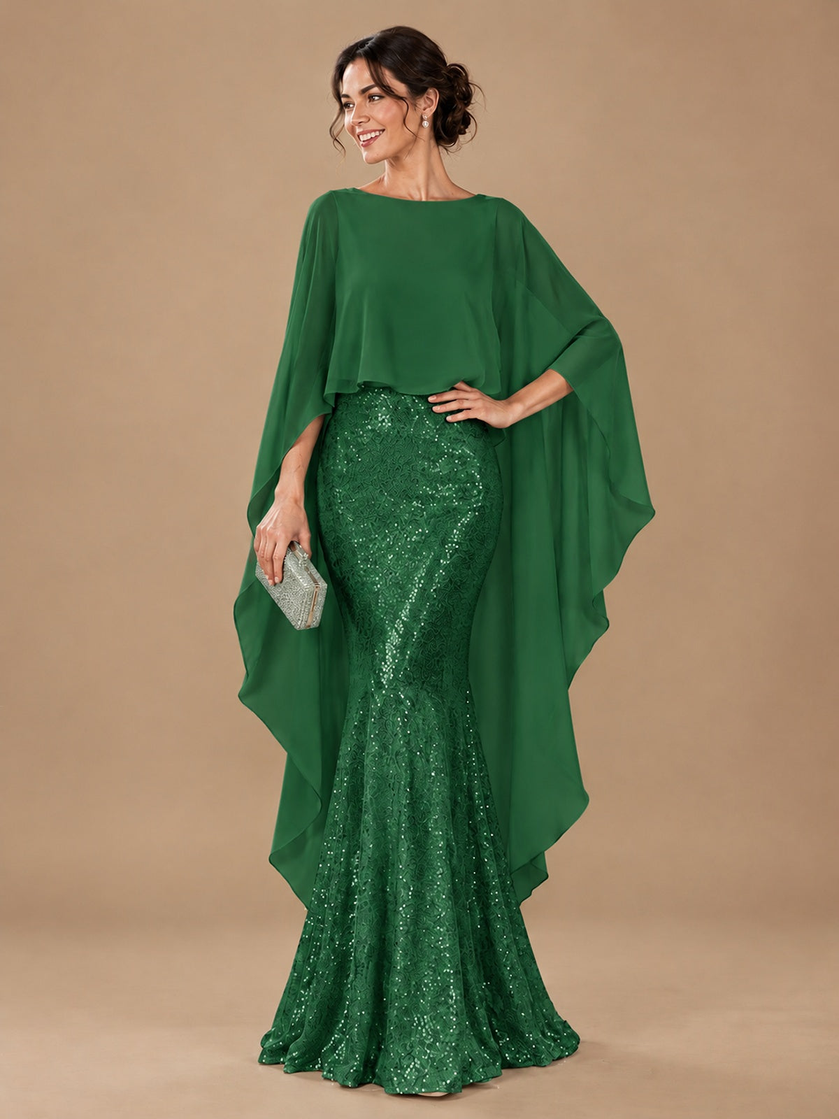 Sequin 2 Pieces Mother of the Bride Dress with Cap Sleeves Chiffon Formal Gowns