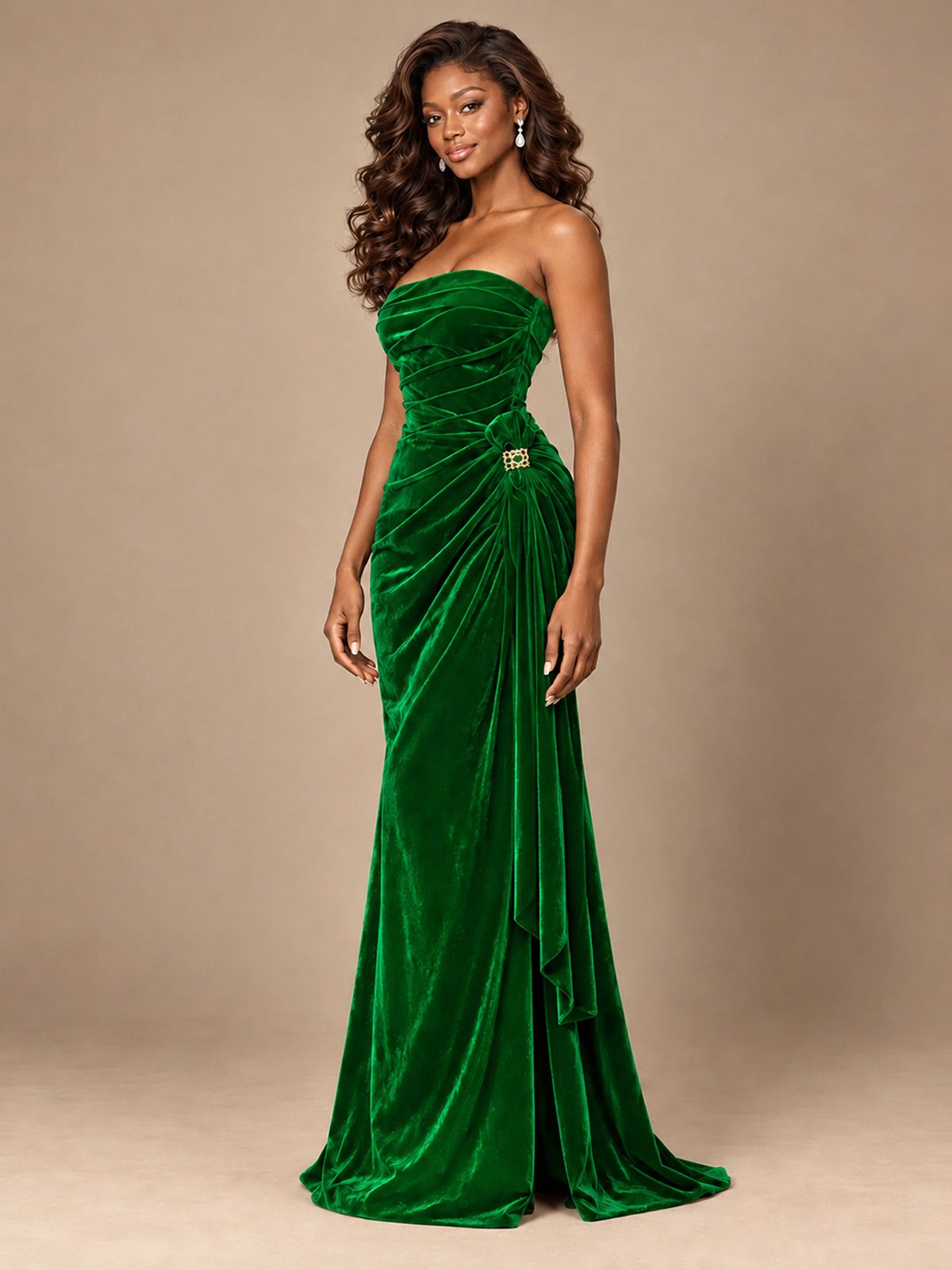 Burgundy Velvet Strapless Ruched Prom Dress with Jeweled Side Drape