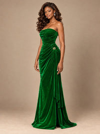 Burgundy Velvet Strapless Ruched Prom Dress with Jeweled Side Drape