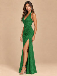 Halter V-Neck Sequin Mermaid Prom Dress with High Slit