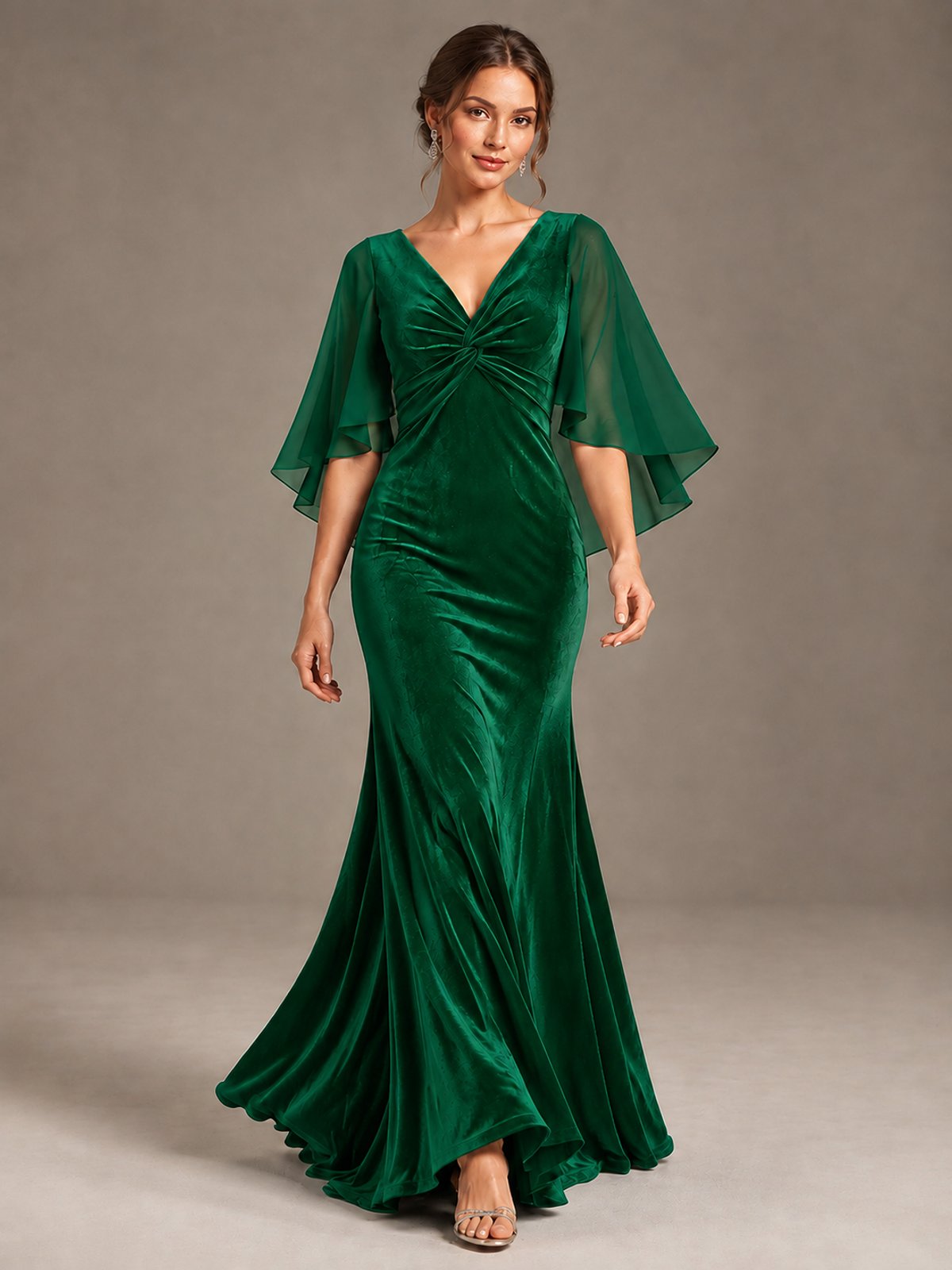 Navy Blue Velvet V Neck Mermaid Formal Dress with Flutter Cape Sleeves