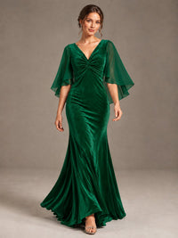Navy Blue Velvet V Neck Mermaid Formal Dress with Flutter Cape Sleeves