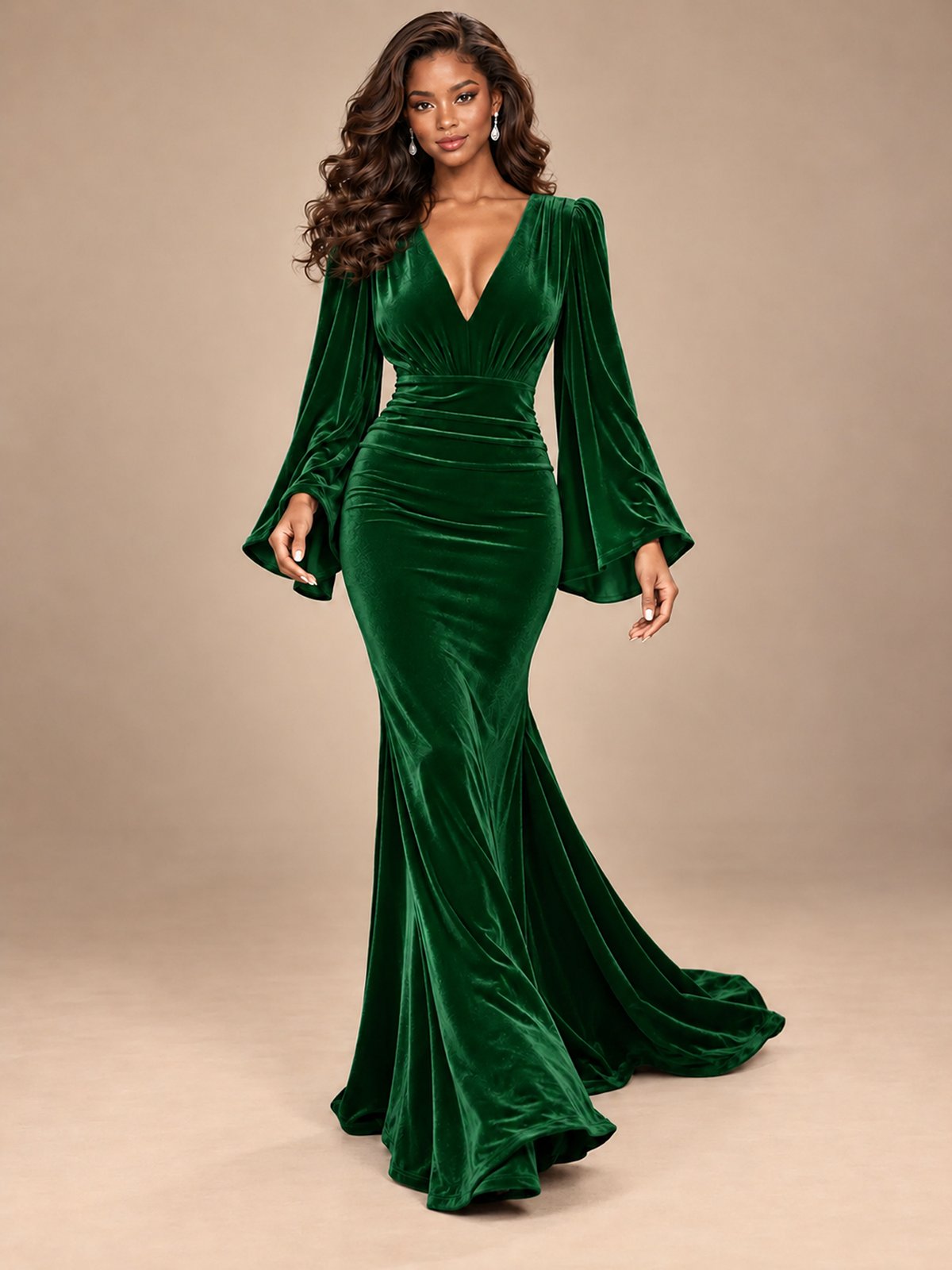 Burgundy Velvet Deep V-Neck Ruched Long Sleeve Maxi Dress
