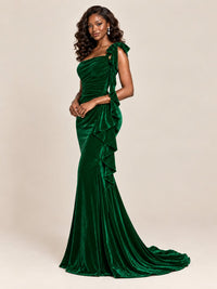 Black Velvet One-Shoulder Mermaid Evening Gown with Bow & Ruffles