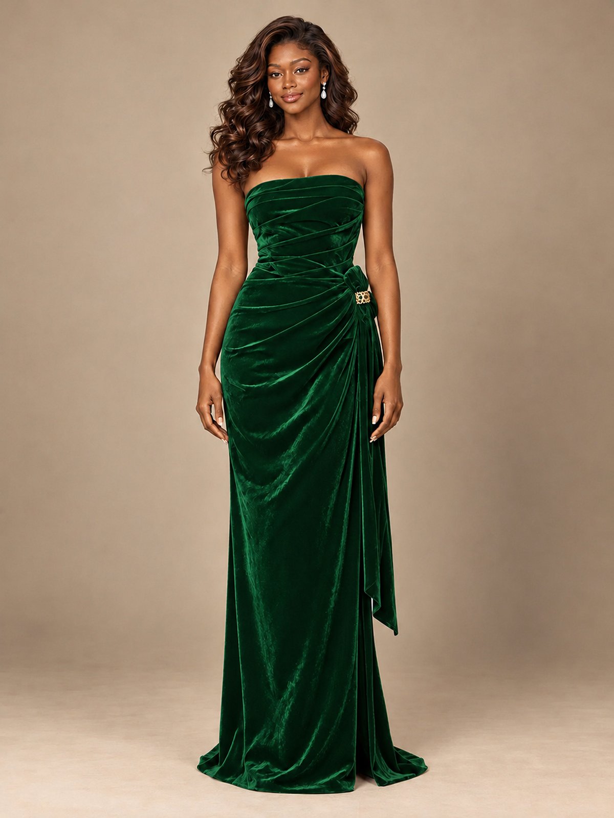 Burgundy Velvet Strapless Ruched Prom Dress with Jeweled Side Drape