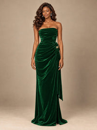 Burgundy Velvet Strapless Ruched Prom Dress with Jeweled Side Drape
