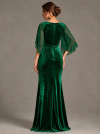 Navy Blue Velvet V Neck Mermaid Formal Dress with Flutter Cape Sleeves