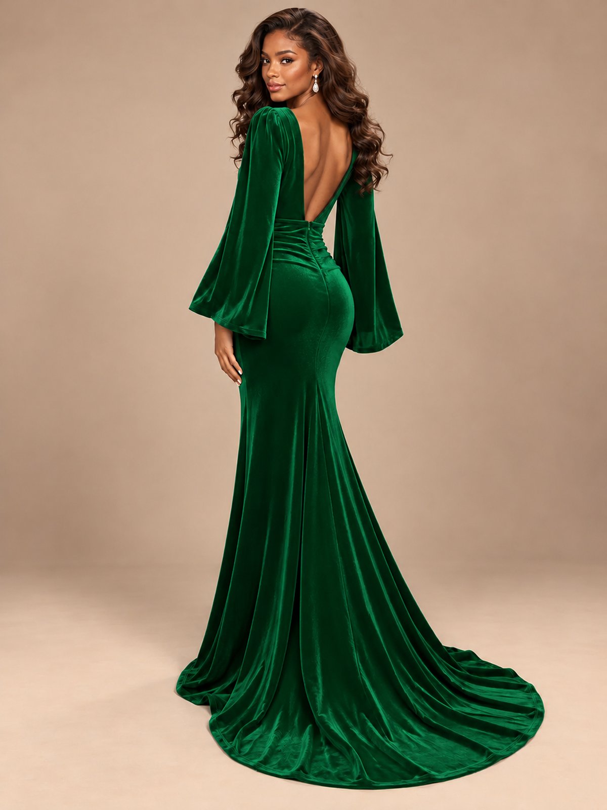 Burgundy Velvet Deep V-Neck Ruched Long Sleeve Maxi Dress