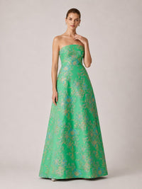 Green Floral Jacquard Strapless A-Line Maxi Dress