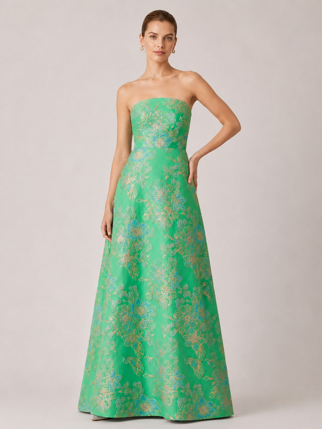 Green Floral Jacquard Strapless A-Line Maxi Dress