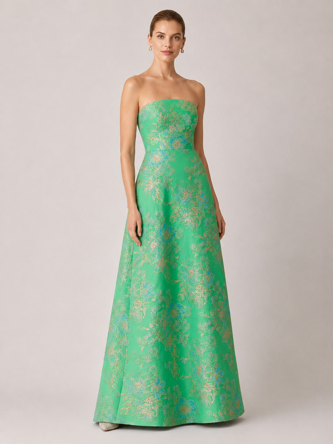 Green Floral Jacquard Strapless A-Line Maxi Dress