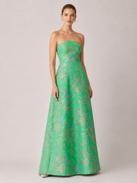 Green Floral Jacquard Strapless A-Line Maxi Dress