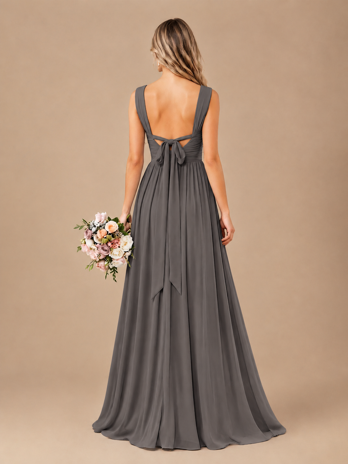 Pleated Chiffon V Neck Wedding Bridesmaid Dresses Floor Length with Slit