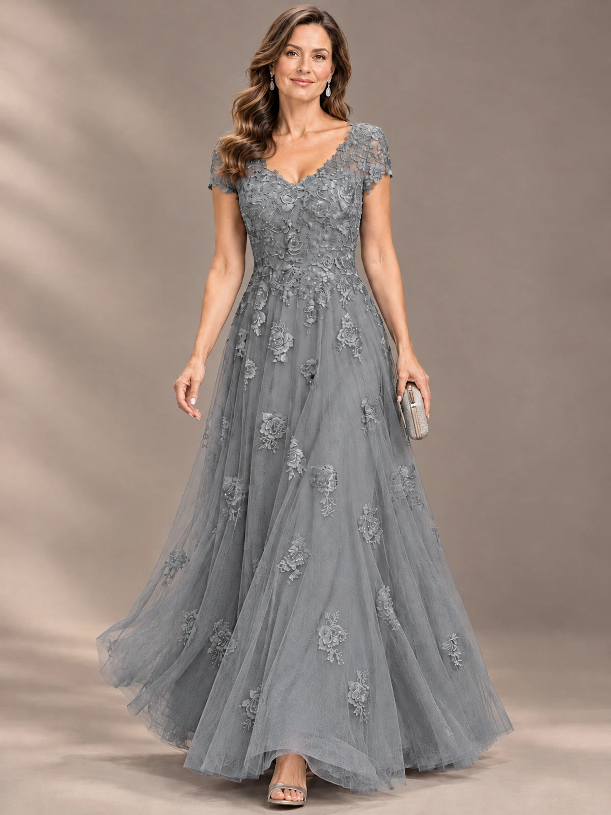 Lace Appliques A-line Mother of The Bride Dresses with Short Sleeves