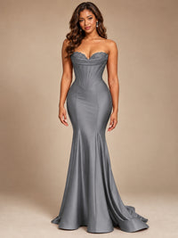 Red Strapless Satin Mermaid Prom Dress with Corset Bodice