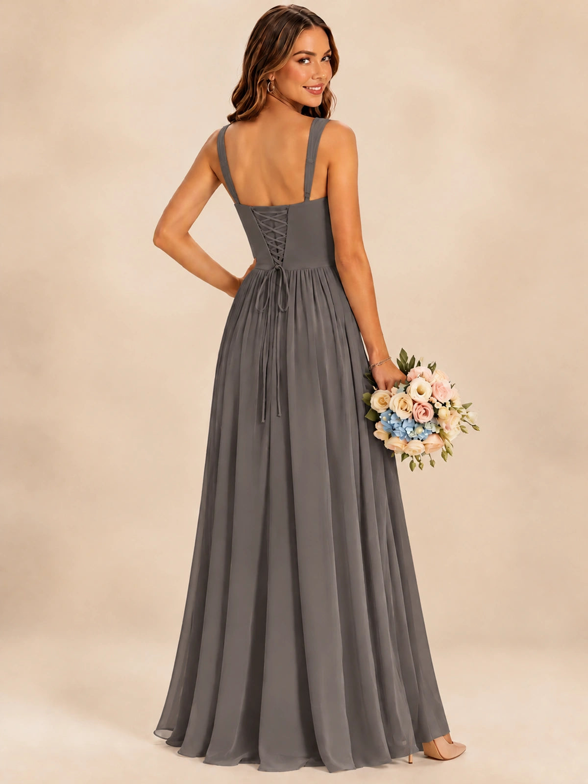 Spaghetti Straps Pleated Chiffon Bridesmaid Dress with Ruffle Slit